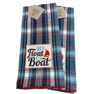 NWT DII‎ You Float My Boat Plaid Kitchen Towel Set of 2 Blue Red Nautical 18x28